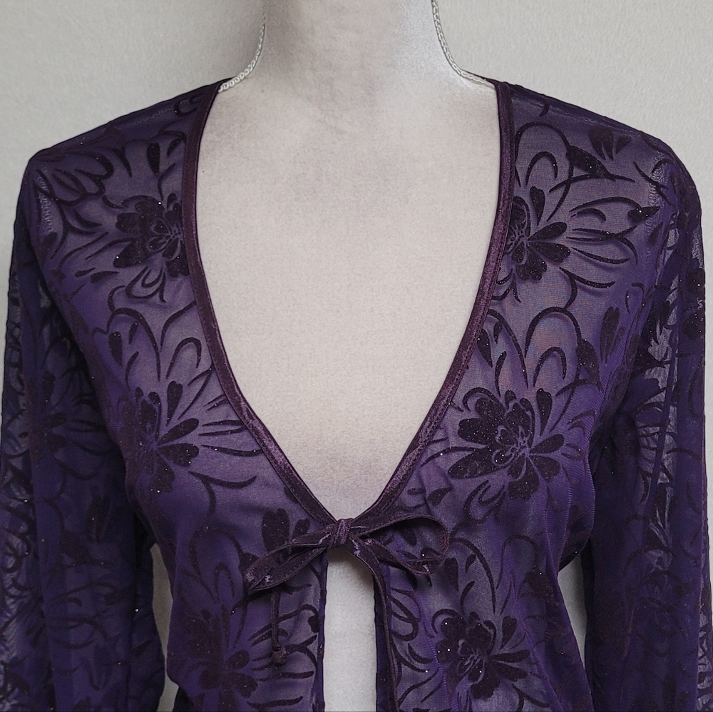 Goth Vintage 90s Sheer Purple Silver Metallic Floral Velvet Tie Front Cardigan L - Picture 3 of 11